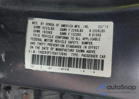 2014 Honda Accord Lx из США, поврежденный, VIN 1HGCR2F37EA173646